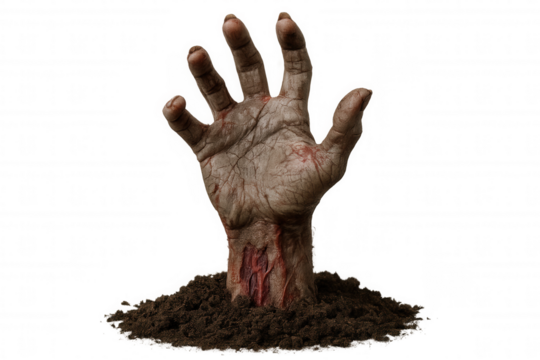 Zombie hand reaching out from earth, a creepy and scary undead monster rising from grave for halloween concept