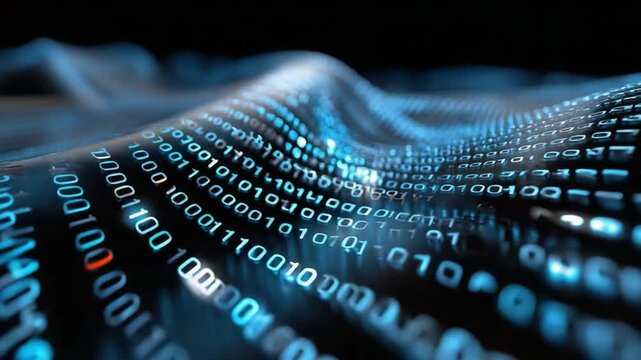Digital Binary Data Stream: A visualization of a flowing digital binary data stream, with binary code cascading across a blurred landscape, symbolizing the intricacies of digital information.