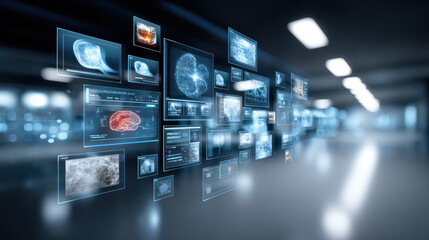 Medical imaging data display with healthcare research visualization showing brain scans and diagnostic screens in futuristic clinical environment