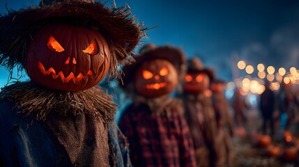 Pumpkin patch at midnight, glowing carved faces casting flickering light, scarecrow with glowing red eyes watching silently