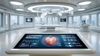Futuristic medical touchscreen displaying heart scan healthcare diagnostic data in sterile operating room with surgical lights
