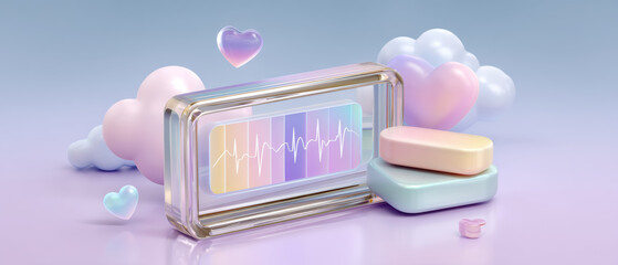 Pastel healthcare concept with heart monitor waveform, soaplike bars and cloud hearts conveying wellness and gentle medical care