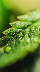 Close-up of a vibrant green leaf, covered in water droplets
