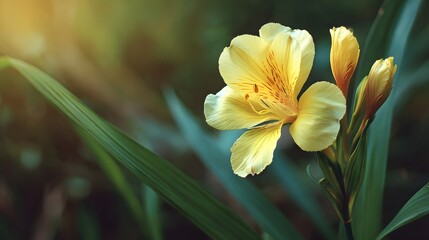 Fototapeta premium Delicate yellow flower with buds blooms in soft sunlight and green foliage.
