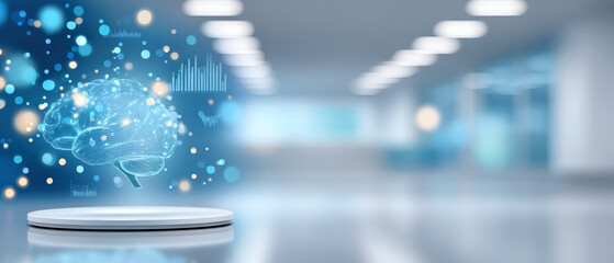 Futuristic healthcare concept brain hologram with glowing data visualization and clinical environment inspiring innovation and medical research