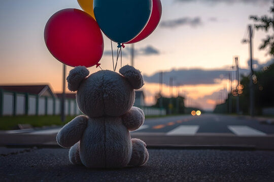 Teddyb&auml;r mit Ballons bei Sonnenuntergang &ndash; Symbol der Trauer