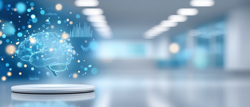 Futuristic healthcare concept brain hologram with glowing data visualization and clinical environment inspiring innovation and medical research - Powered by Adobe