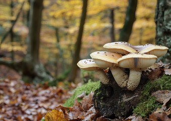 Cluster of mushrooms on forest floor