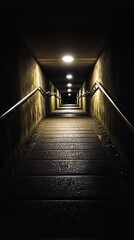 Dark underground stairway, lit dimly at the end