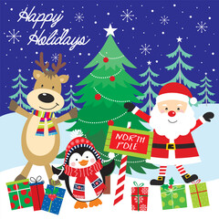 Christmas card with santa, reindeer, penguin and tree