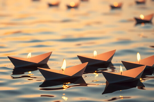 Papierboote auf Wasser bei Sonnenuntergang &ndash; Zeichen der Trauer
