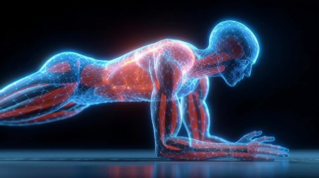 Human body anatomy performing push ups with visible muscles and skeleton