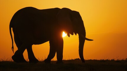 Naklejka premium Wild Nature Landscapes: Orange Sunset Skies, Huge African Elephants (Tusks, Trunks) & Wildlife Families on Safari
