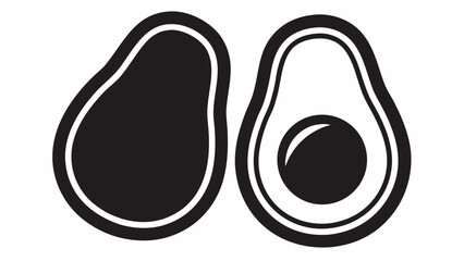 Two avocado halves one with pit displayed in a simple black and white vector illustration style image