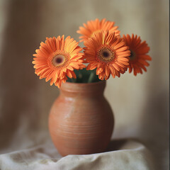 Bright orange gerbera daisies in a clay vase.