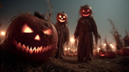 Pumpkin patch at midnight, glowing carved faces casting flickering light, scarecrow with glowing red eyes watching silently