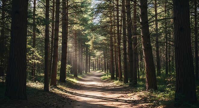 A peaceful dirt path winds through a dense pine forest, where sunlight beams filter through the tall, straight tree trunks, creating a beautiful contrast of light and shadow.

