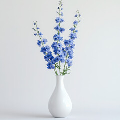 Elegant blue flowers in a white vase.