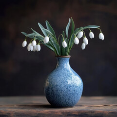 Elegant snowdrop flowers in a blue vase.