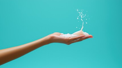 Hand holding white liquid splashing against turquoise background.