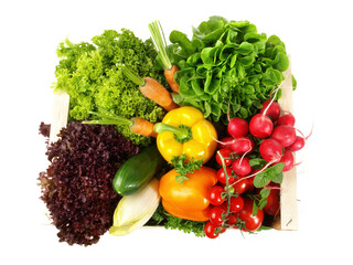 Fresh Mixed Vegetables and Salads in a Box isolated on white Background