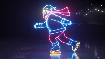 Neon Santa Claus figure ice skating with pink and blue lights and starry background winter Christmas