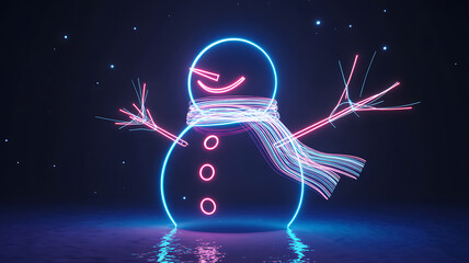 Neon snowman with glowing scarf and branches reflects on wet surface light winter