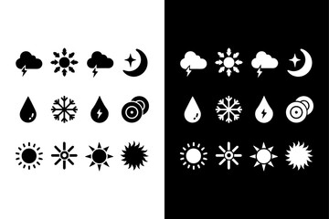 Minimal Flat Weather Symbols — Sun, Cloud, Rain, Snow, Lightning, Wind, Temperature.