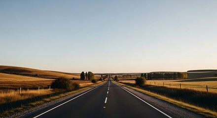 Obraz premium A lonely asphalt road stretches endlessly into the distance, framed by vast, rolling hills of golden summer wheat under a clear, pale blue sky, evoking a feeling of freedom and travel.