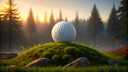 Golf ball on small grassy hill with sunrise in forest background
