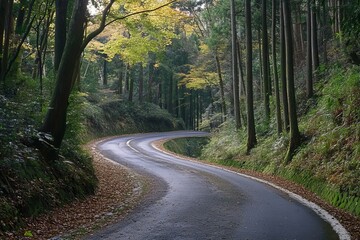 Obraz premium Winding road through autumn forest