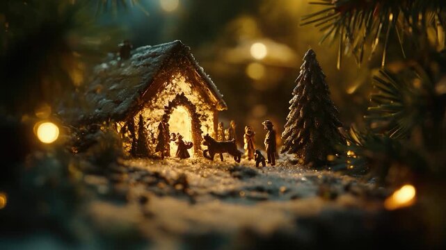 A small-scale depiction of the Christmas story, featuring figurines and buildings