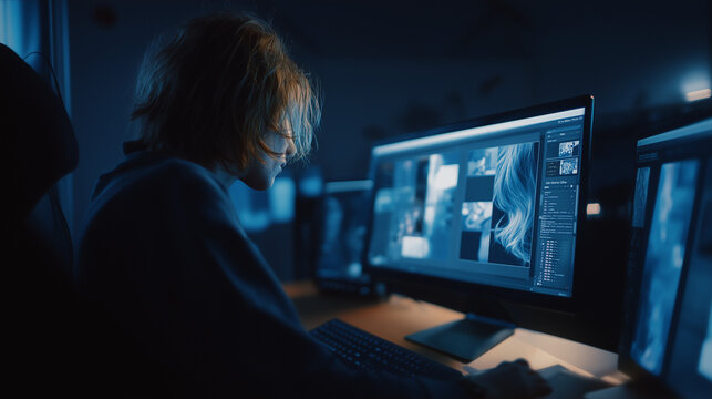 Man analyzing surveillance footage on multiple monitors.