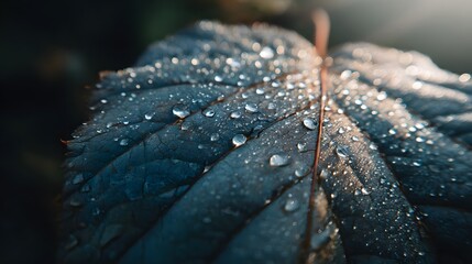 Dewdrops sparkle on a dark leaf in the morning light.