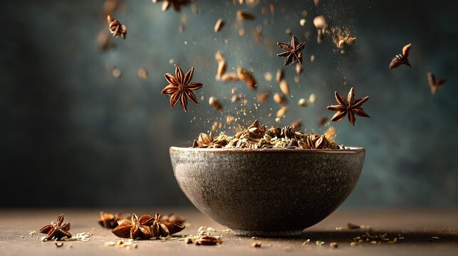 Aromatic star anise and spices falling into a bowl, a culinary adventure for creating flavorful dishes and warm holiday memories together