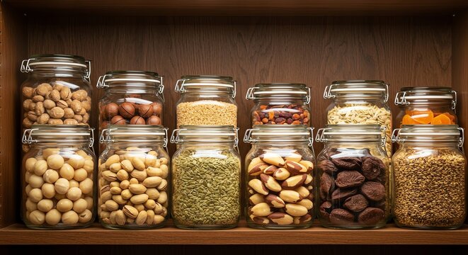 Pantry Staples Jars of Nuts Seeds and Dried Fruit Arrangement