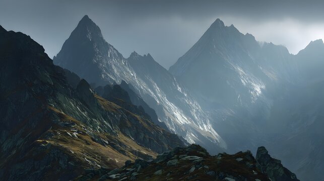 Jagged mountain peaks emerge through dramatic, misty daylight.
