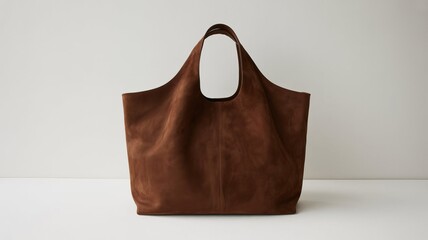Large brown suede tote bag with open top and wide body shape photographed head-on against light gray studio background