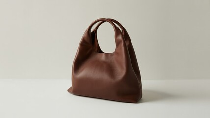 Modern brown leather tote bag with rounded top handles standing on a white surface against a beige background in studio lighting