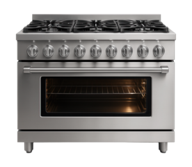 A gas range with six burners and an oven, ideal for a large family kitchen.