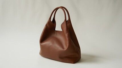 Elegant brown leather handbag with dual top handles photographed on light gray background with soft shadows and natural light
