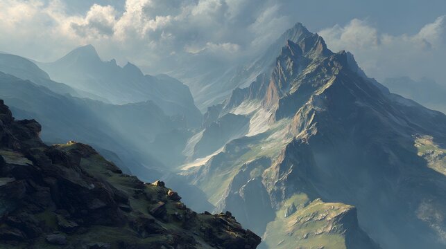 Majestic mountain range with sunlit peaks and hazy valleys.