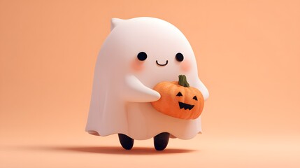 Halloween ghost with pumpkin on orange background.