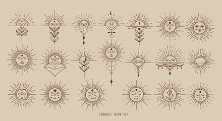 Fototapeta premium Elegant Sun Icons Set in Boho Style with Sun Face and Geometric Elements