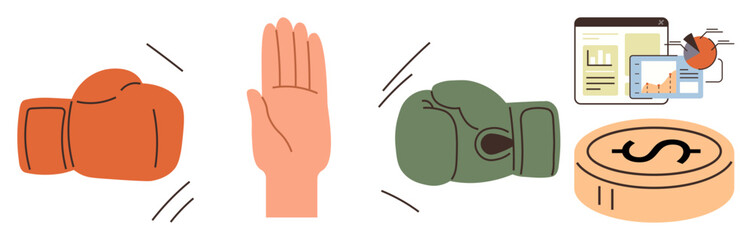 Orange boxing glove facing green glove with hand gesture stopping conflict next to analytics and dollar sign coin. Ideal for negotiation, conflict, resolution, business, finance, communication