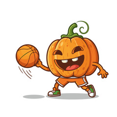 A cheerful, jack-o'-lantern pumpkin character wearing shorts and sneakers while playing basketball.