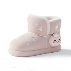 A single soft pink fluffy slipper boot for indoor home wear, featuring delicate white snowflake embroidery and a charming character tag, isolated on a white background