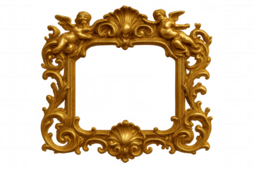 Ornate gold rococo frame with cherubs, empty baroque antique picture border, luxury decorative element, transparent background
