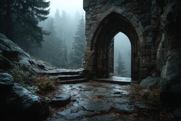 Stone doorway opens to a foggy forest in the mountains during a misty day with evergreen trees beyond the gothic arch