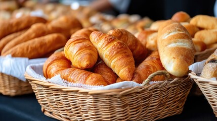 Freshly baked croissants and bread rolls in woven baskets at a bustling bakery display during morning hours